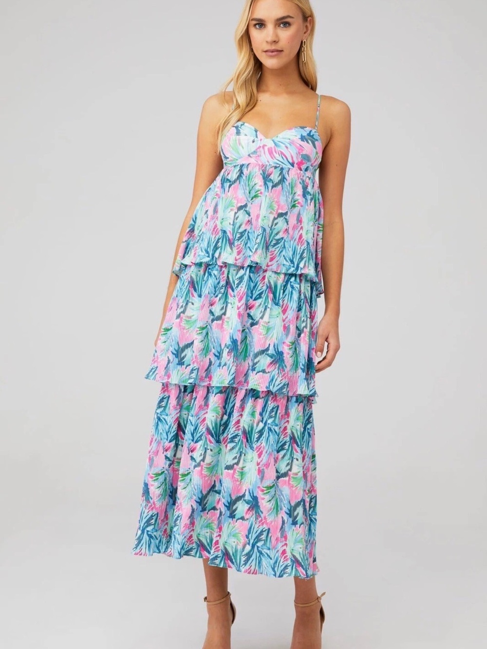 ✨ Saylor Pleated Floral‎ Tiered Maxi Dress Mauve Multi Size Medium